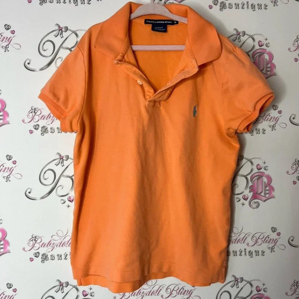 Ralph Lauren sport Orange Polo Shirt Classic Style collared logo blue slim fit